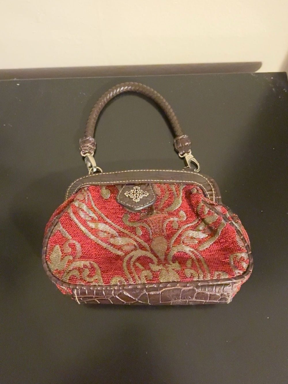 Vintage-Inspired Red Tapestry Handbag with Brown Trim